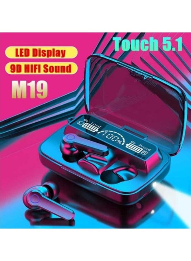 M19 Bluetooth Earbud, Wireless Headphones,Noise Cancelling,Bass Stress,Sports Gaming Headset with Mic LED Power Display Intelligente Touch Control Black - Image 2